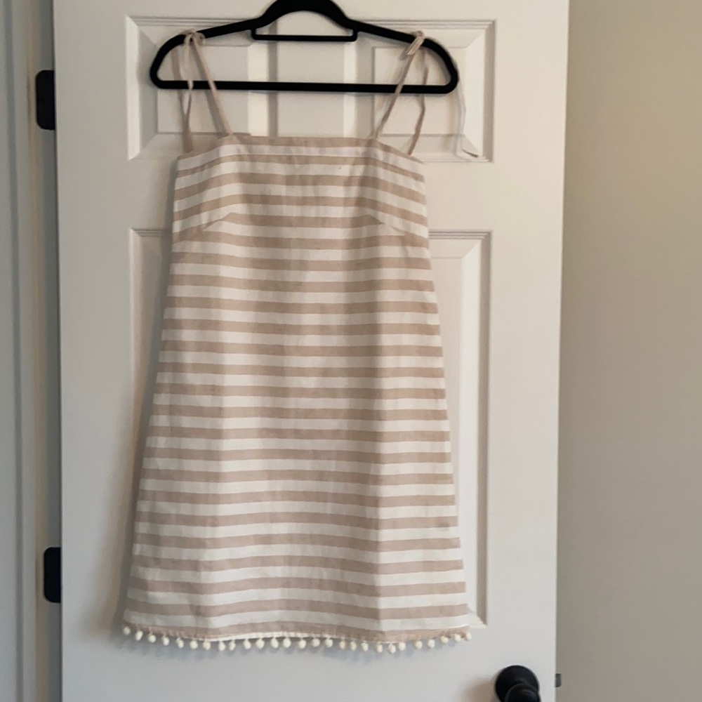 J. Crew Beige and White Striped Spaghetti Strap Shift Dress